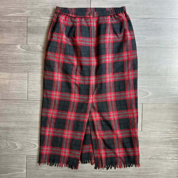 Vtg Nouveaux Red & Black Plaid Midi Blanket Skirt Fringe Hem Wool Blend Size 10 - Picture 4 of 5